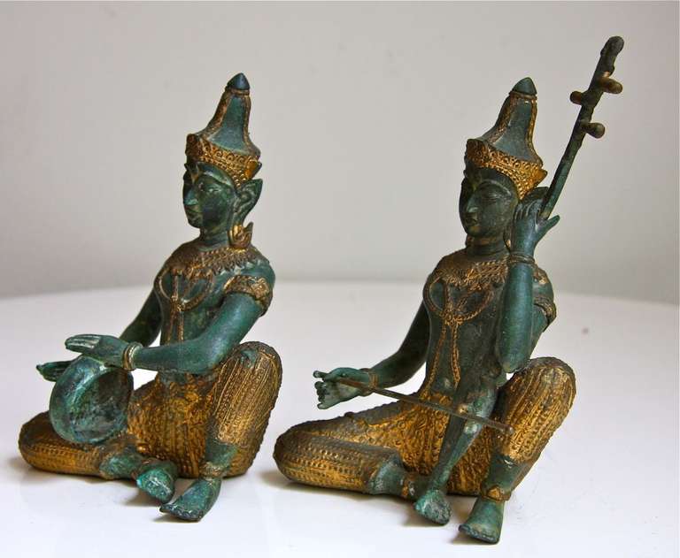 Pair Thai Bronze Sculpture Figures of Musicans 2