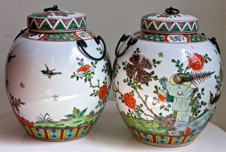 Pair Hand Painted Chinese Porcelain Ceramic Famille Verte Jars or Lamp Bases