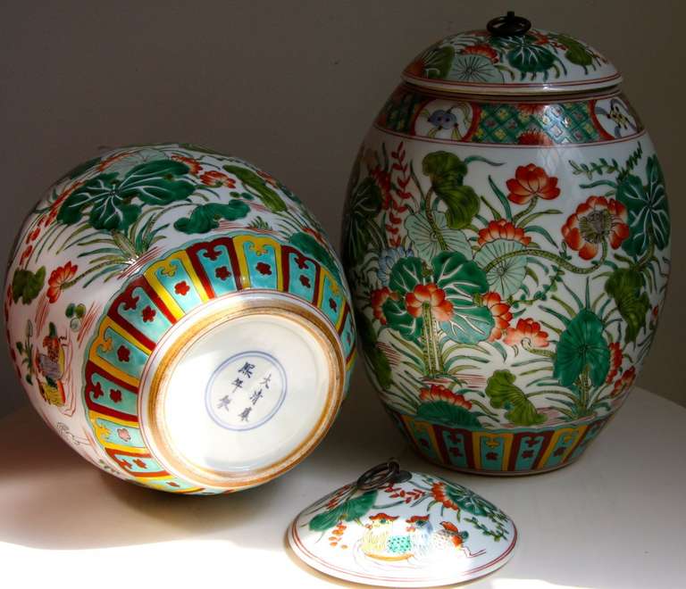 Pair Famille Verte Chinese Porcelain Ceramic 12 inch jars or lamp bases For Sale 1