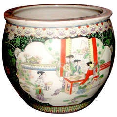 Retro Chinese 18 inch Oriental Ceramic Porcelain  Famille Noire Fish Bowl Planter