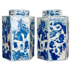 Pair 12 inch Blue and White Hexagonal Tea Caddy