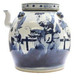 Antique Chinese Blue and White Hand Painted Porcelain Teapot