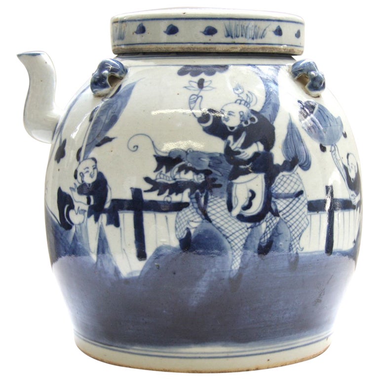 Antique Chinese Blue and White Hand Painted Porcelain Teapot For Sale