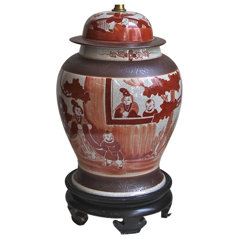 Hand Painted Chinese Oriental Porcelain Ceramic Crackle Jar Lamp For Sale