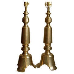 Pair Oriental Brass Candlesticks Mounted as Table Lamps