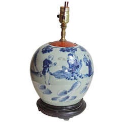 Hand Painted Antique Chinese Oriental Blue and White on Celadon Lamp