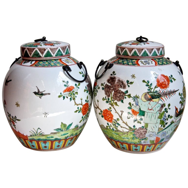 Pair Hand Painted Chinese Porcelain Ceramic Famille Verte Jars or Lamp Bases For Sale