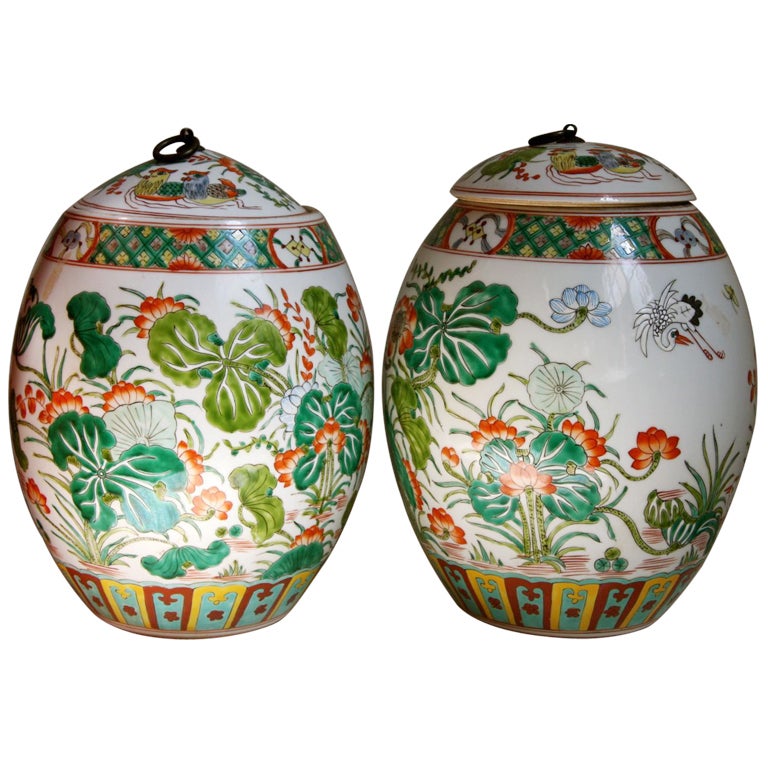 Pair Famille Verte Chinese Porcelain Ceramic 12 inch jars or lamp bases For Sale
