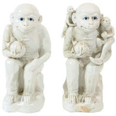 Pair 14" Chinese Blanc de Chine Porcelain Ceramic Monkeys