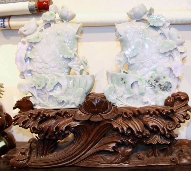 Burma Jade Pair of Fish on Wooden Stand