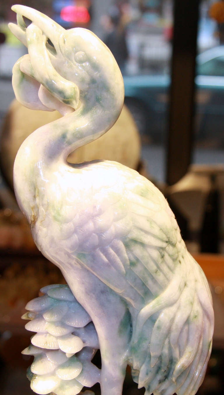 Chinese Pair Burma Jade Herons on Wooden Bases For Sale