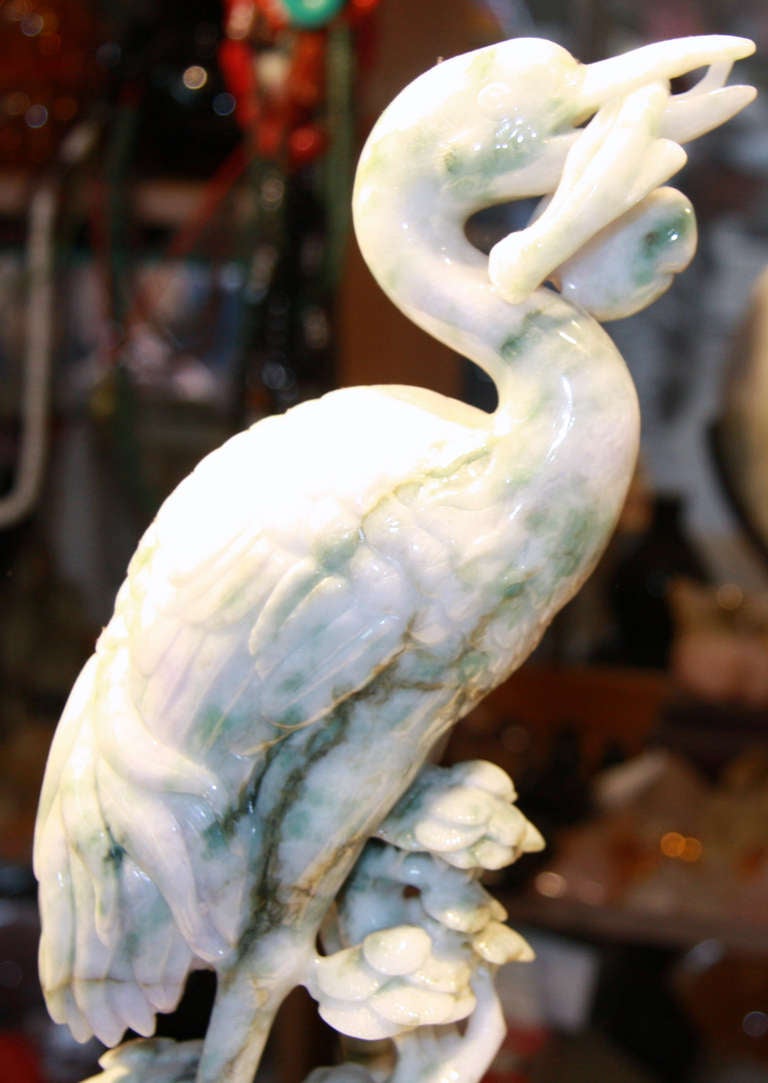 Pair Burma Jade Herons on Wooden Bases In Excellent Condition For Sale In New York, NY