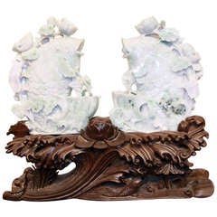 Burma Jade Pair of Fish on Wooden Stand