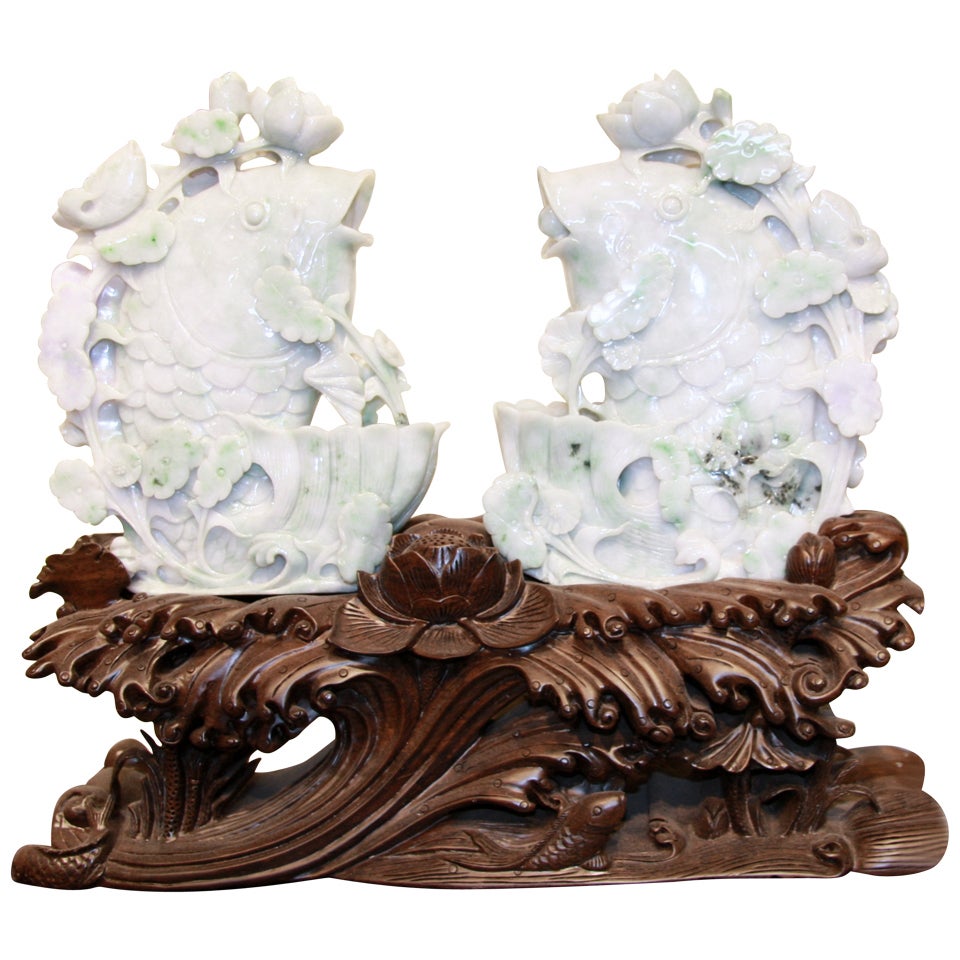 Burma Jade Pair of Fish on Wooden Stand For Sale