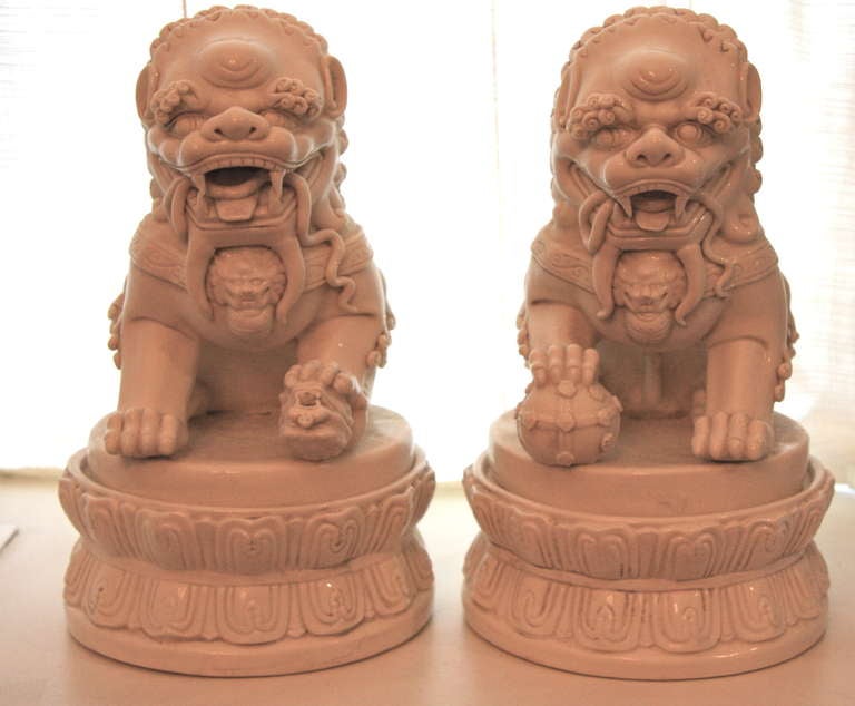 Pair Chinese Porcelain Blanc de Chine Foo Lions