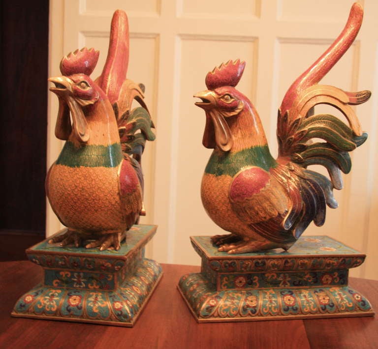 Pair Chinese Cloisonne Roosters