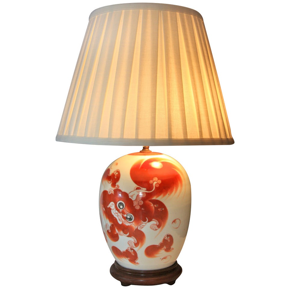 Antique Chinese Porcelain Melon Jar Lamp and Shade For Sale