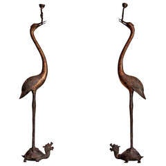 Pair Bronze Cranes Standing on Turtles