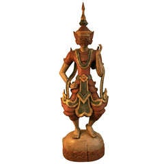 Antique Thai Wooden Temple Guardian Sculpture