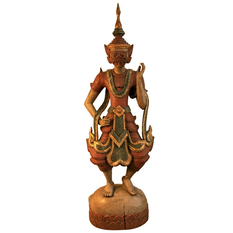 Antique Thai Wooden Temple Guardian Sculpture For Sale