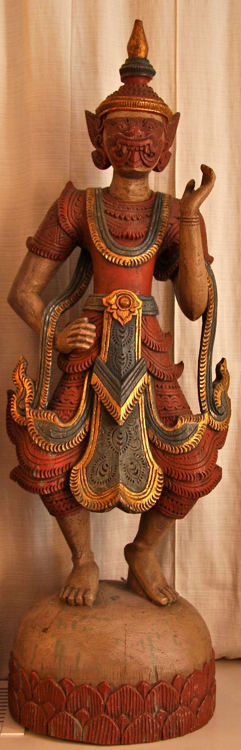 Antique Thai Wooden Temple Guardian Sculpture For Sale 3