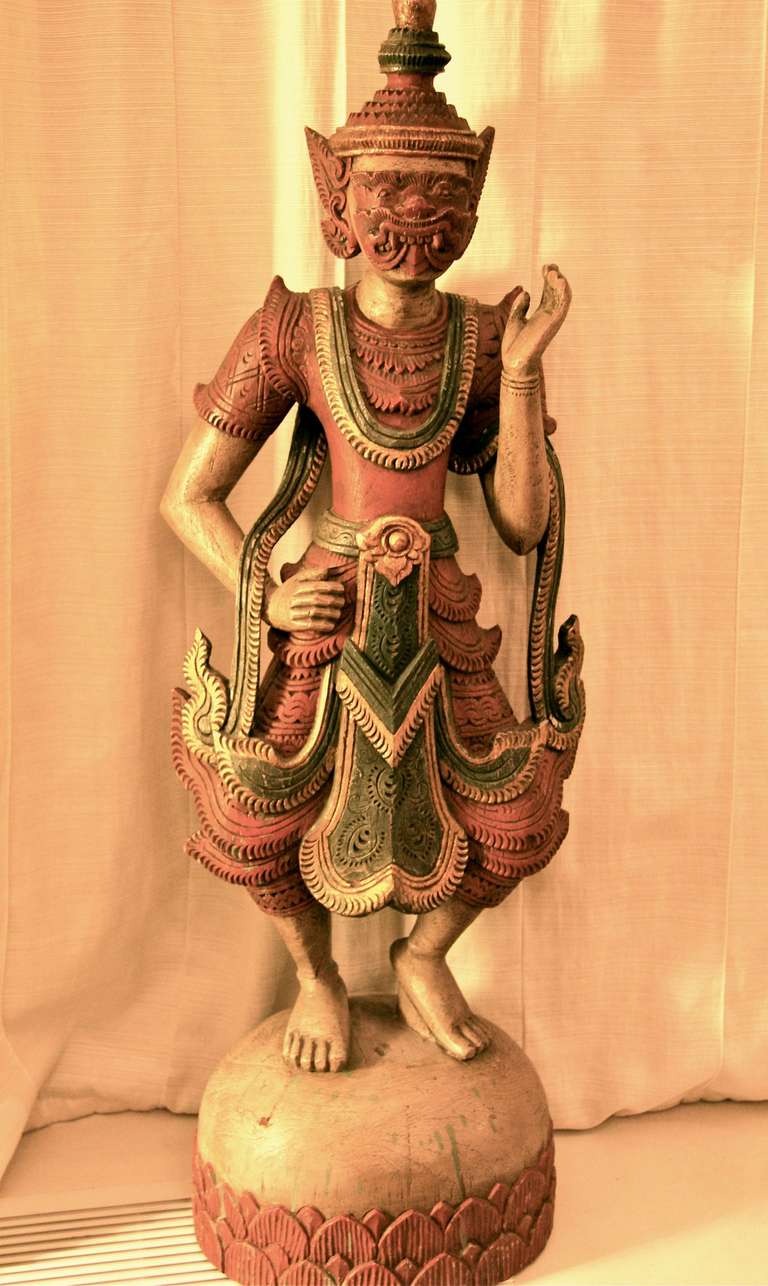 Antique Thai Wooden Temple Guardian Sculpture For Sale 4