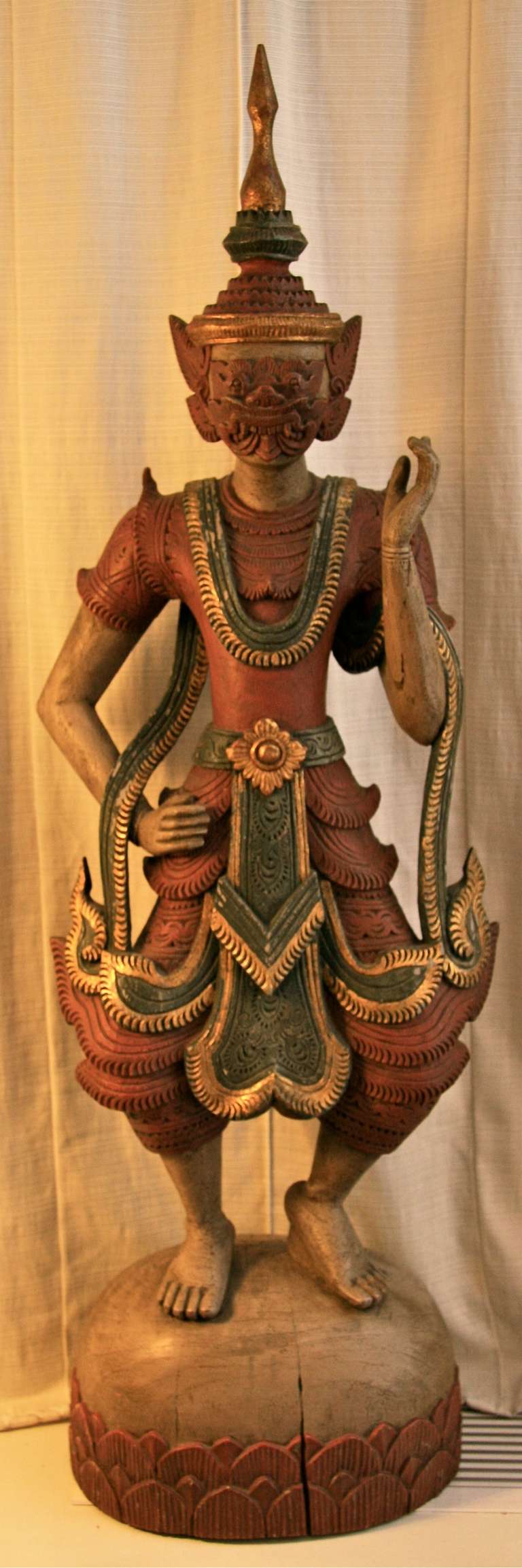 Antique Thai Wooden Temple Guardian Sculpture