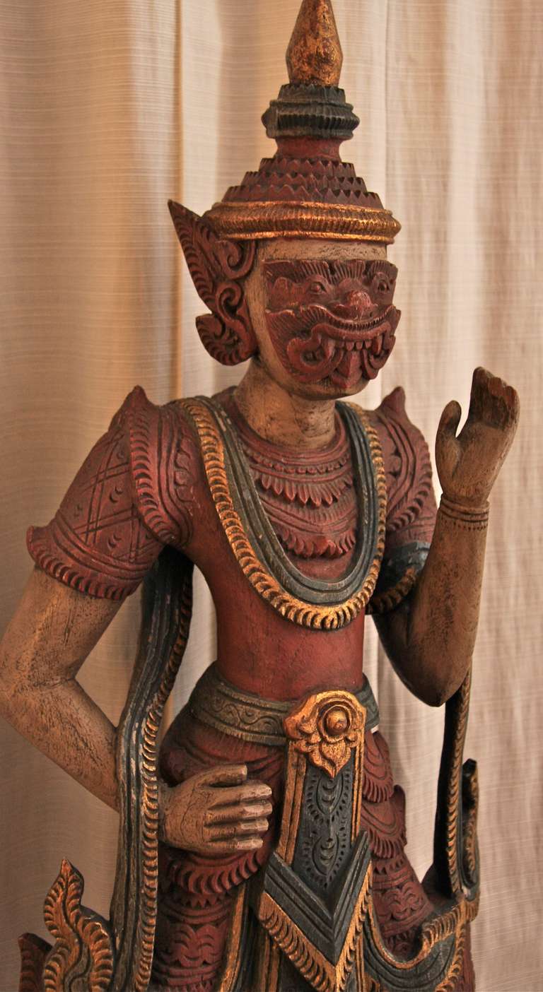 Antique Thai Wooden Temple Guardian Sculpture For Sale 2