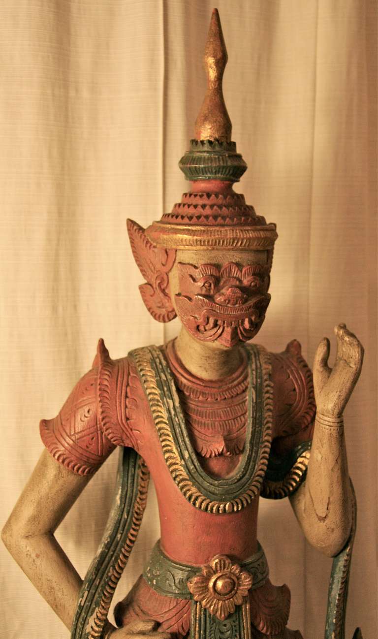 Antique Thai Wooden Temple Guardian Sculpture For Sale 5