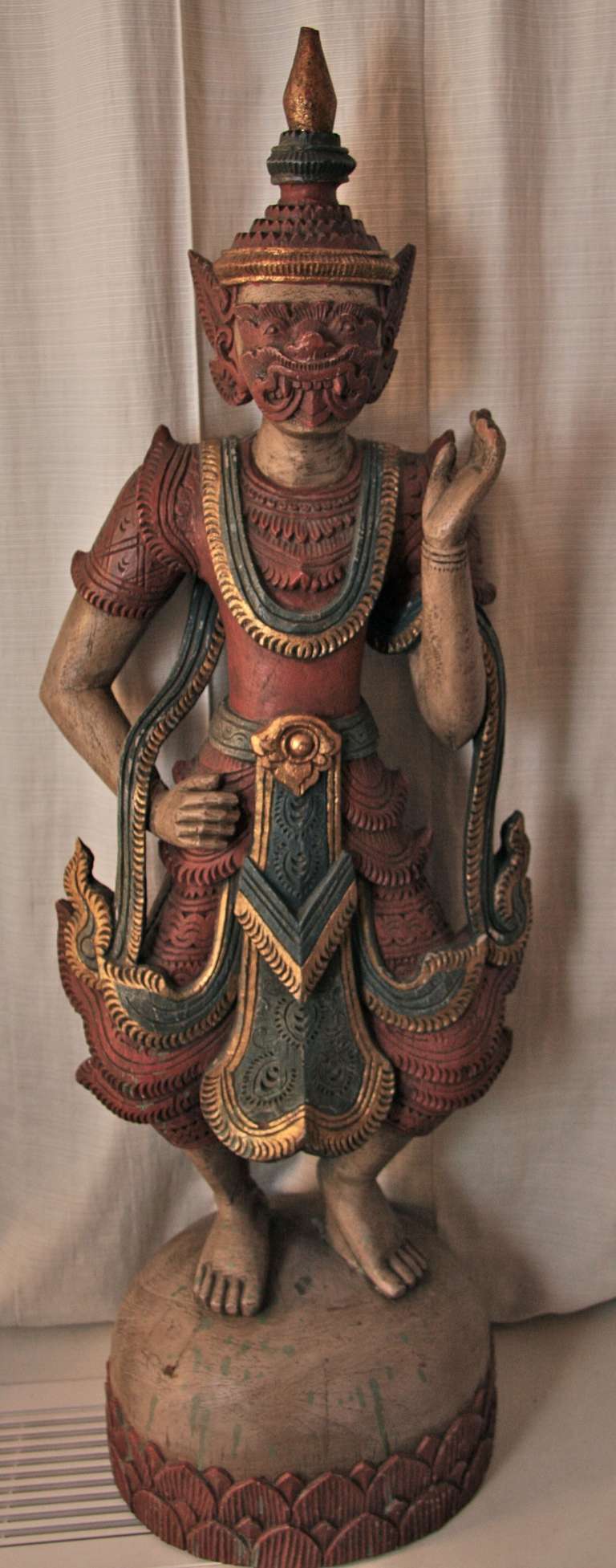 20th Century Antique Thai Wooden Temple Guardian Sculpture For Sale