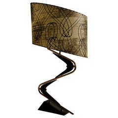 1950
s Wood and Brass Lamp with Hand Painted Parchment Shade