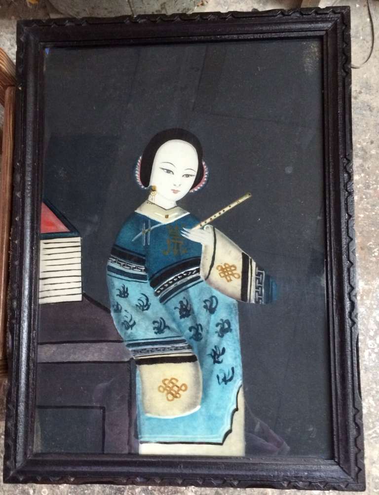 Antique Chinese Reverse Painting on Glass in Wooden Frame