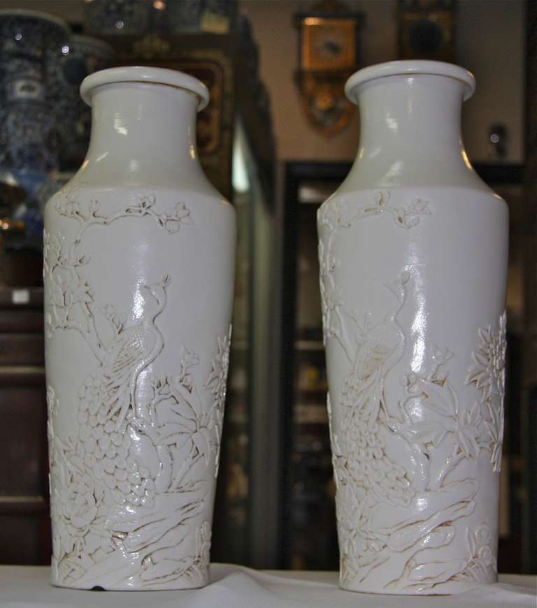 Chinese Pair Blanc de Chine Relief Vases or Lamp Bases For Sale