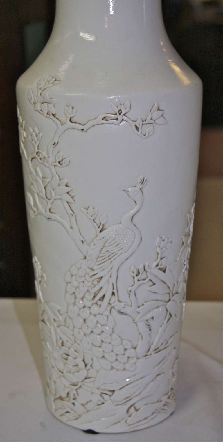 Pair Blanc de Chine Relief Vases or Lamp Bases In Excellent Condition For Sale In New York, NY