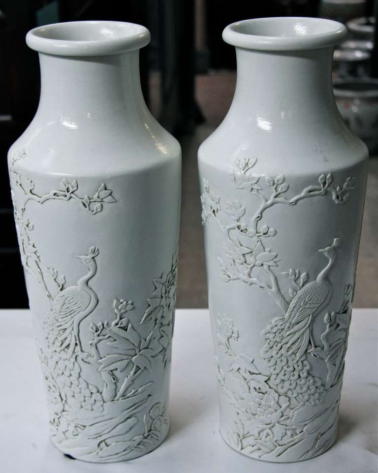 Mid-20th Century Pair Blanc de Chine Relief Vases or Lamp Bases For Sale