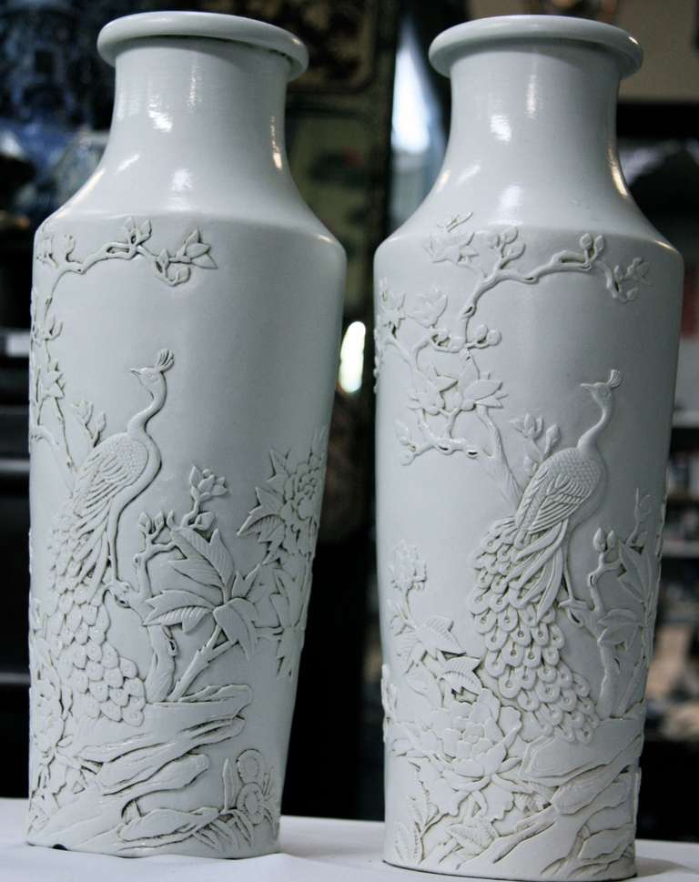 Pair Blanc de Chine Relief Vases or Lamp Bases For Sale 1