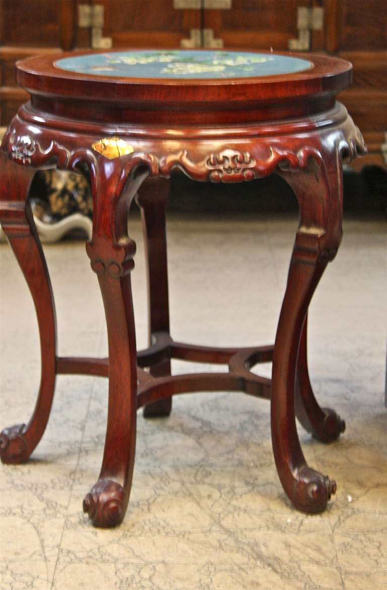 Chinese Rosewood Garden Stool with Cloisonne Inset For Sale