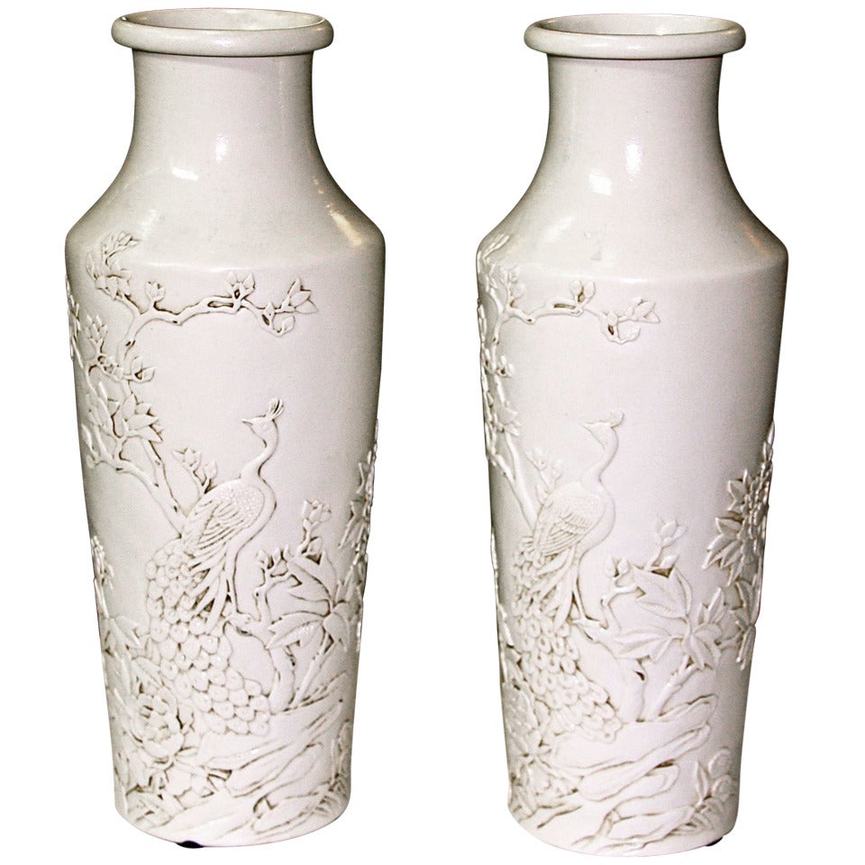 Pair Blanc de Chine Relief Vases or Lamp Bases For Sale