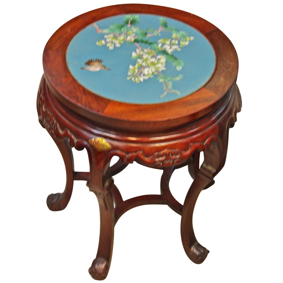 Rosewood Garden Stool with Cloisonne Inset For Sale