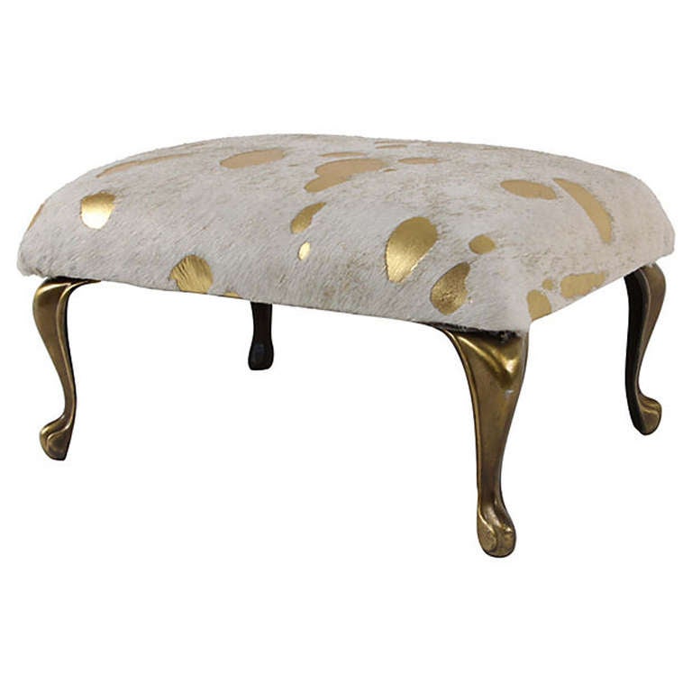 Vintage Pouf in Gold Hide Upholstery