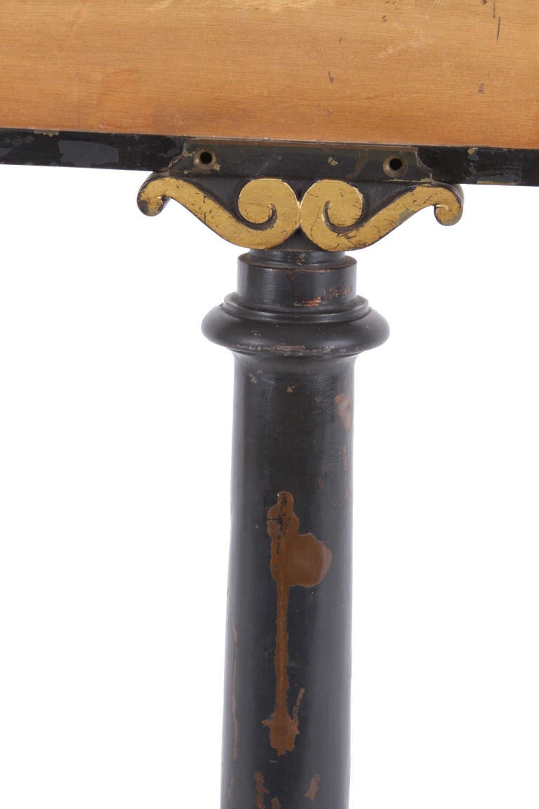 Antique menu board, believed to once be in a French restaurant or cafe.  Circa 1860. Stand is made of painted metal, with areas of paint removed exposing glimmering copper & gold colors. Unique details adorn the top & bottom of the wood portion,