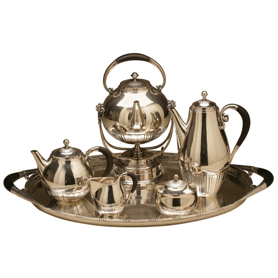 Georg Jensen "Cosmos" Coffee and Tea Service No. 45 on Extra Large Tray No. 251A For Sale