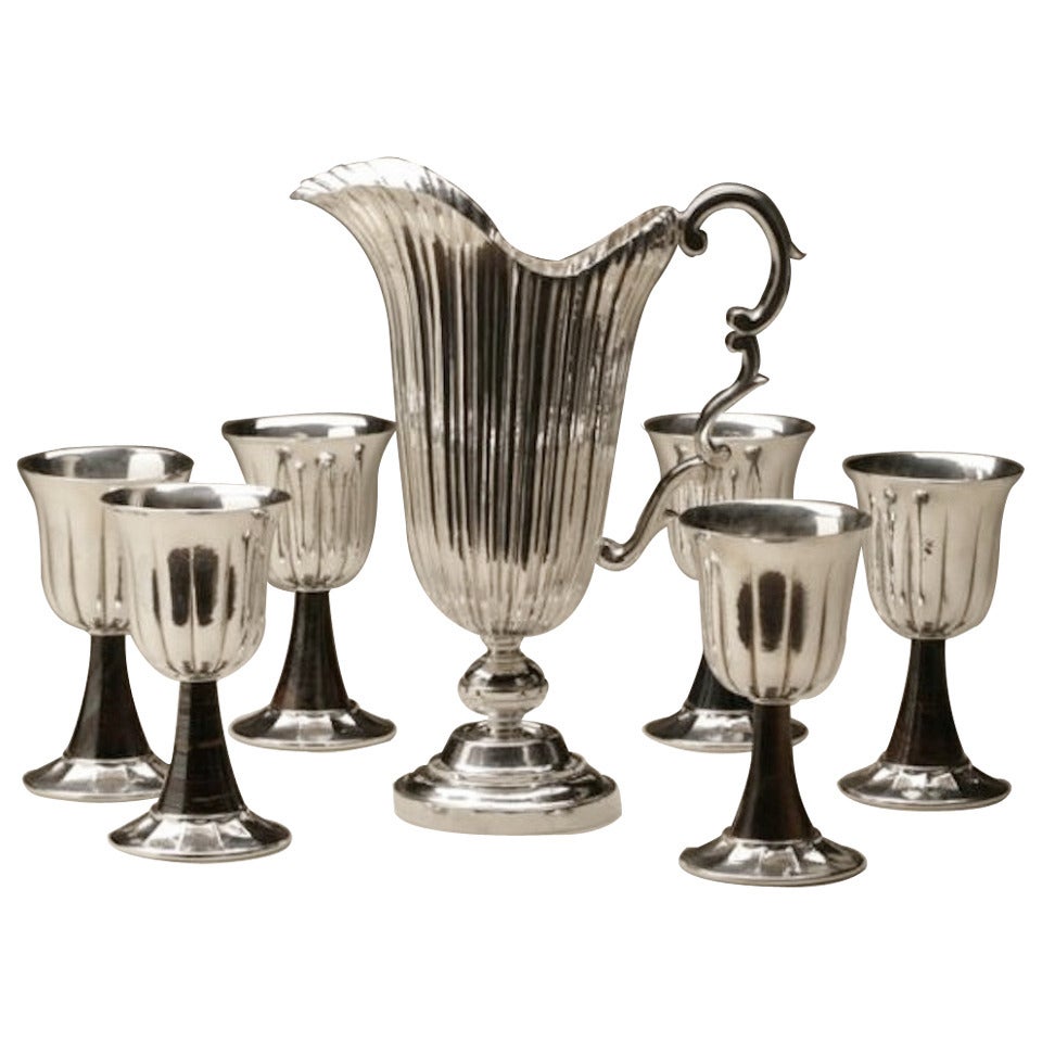 Buccellati Sterling Silver Wine Goblets and Pitcher Set with Hard Stone Stems For Sale