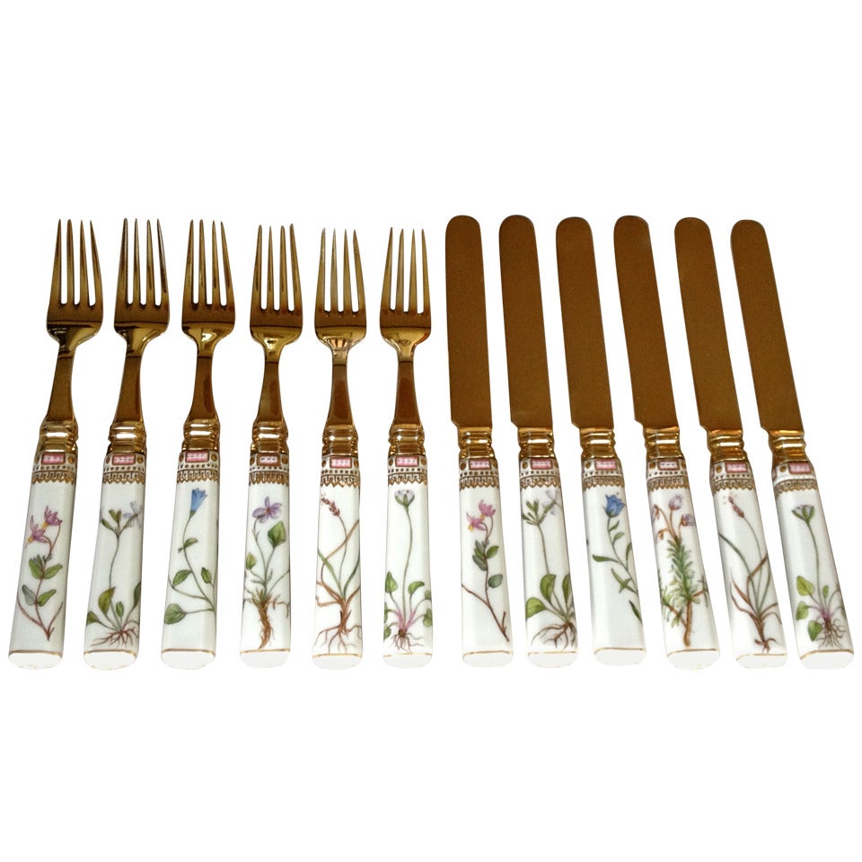 Flora Danica Porcelain Handle Fork and Knife Dessert Set with A. Michelsen 24kt Vermiel