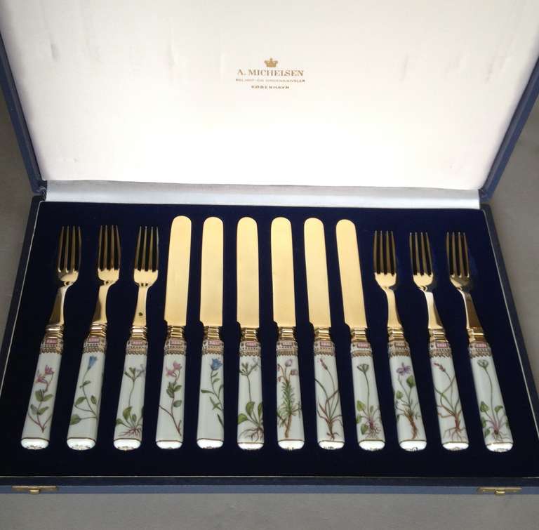 Danish Flora Danica Porcelain Handle Fork and Knife Dessert Set with A. Michelsen 24kt Vermiel