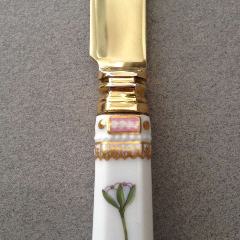 18th Century and Earlier Flora Danica Porcelain Handle Fork and Knife Dessert Set with A. Michelsen 24kt Vermiel