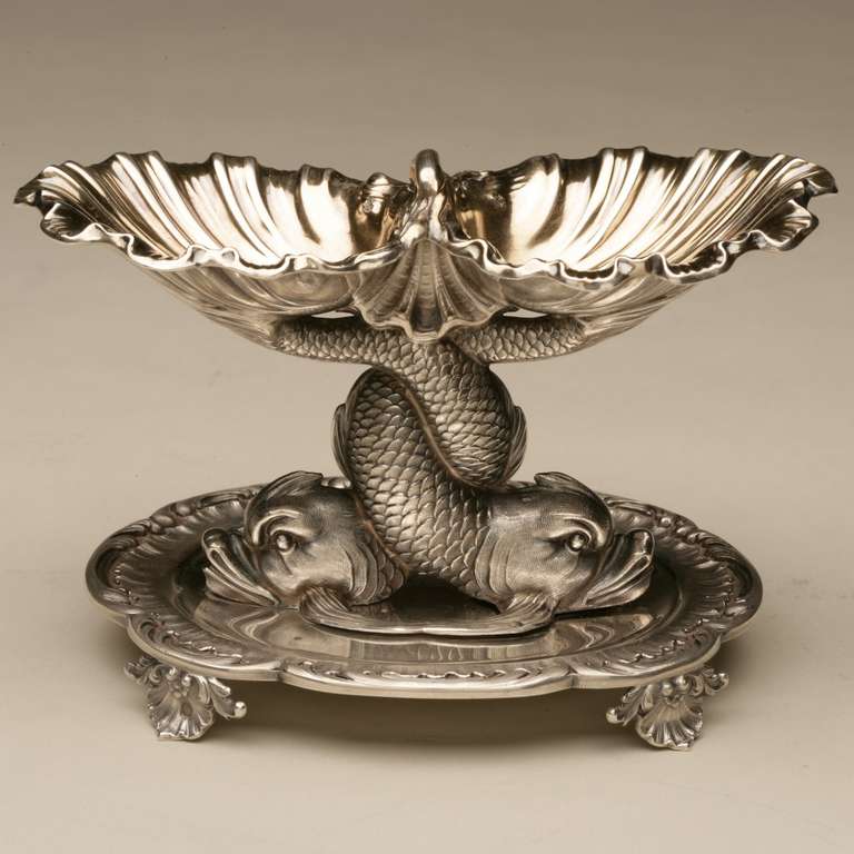 Charles-Nicolas Odiot Double Salt Cellar with fish motif, Paris France. Incredible hand chased detail, 950 silver. Early 20th Century.