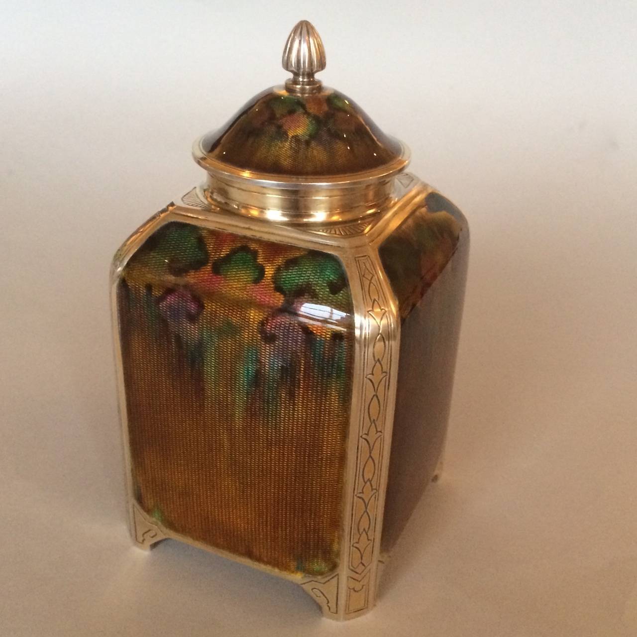 Guilloche and vermeil tea caddy by David Andersen. Truly a rare piece.

The David Andersen Company has been in existence since 1876 and most known for its fine enamel jewelry. They also made, in limited amounts, silver and enamel hollow ware.