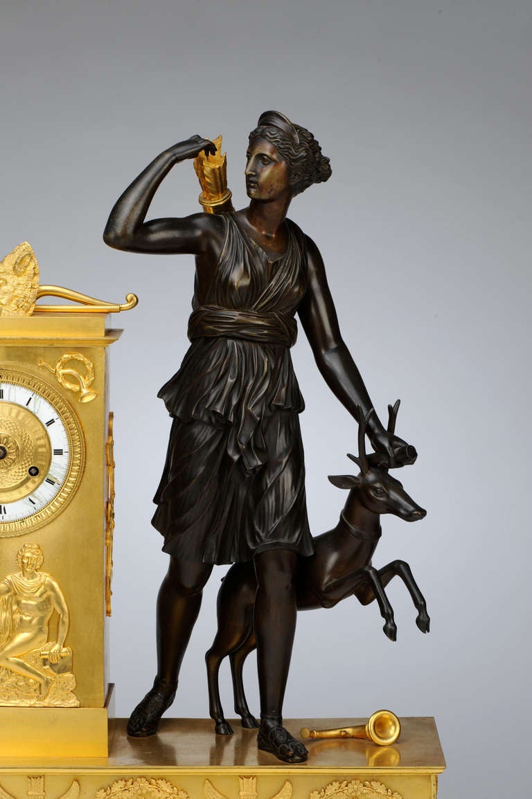 French Empire Figural Mantel Clock of Diana the Huntress, c. 1830 In Excellent Condition In Kensington, MD