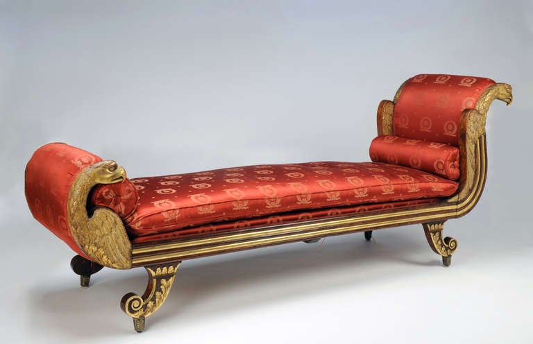 Of fine American parlor furniture of the early nineteenth-century, the recamier was among the most elegant. The original design of this exquisitely carved sofa derives from Thomas Sheraton’s Cabinet Dictionary of 1803.  The work included three